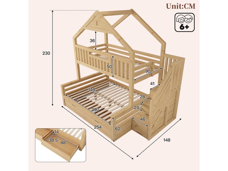 Lit superposé enfant 90x200 et 140x200 cm, lit familial en bois avec escalier de rangement, tiroirs et design maison - chêne - Conforama C