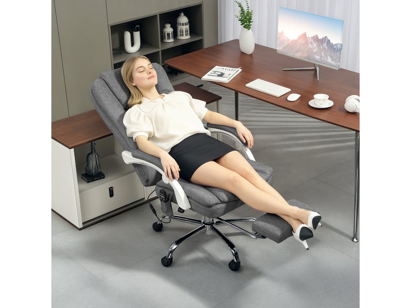  Fauteuil de bureau massant et chauffant, inclinable, revêtement en tissu effet lin, avec repose-pieds, gris  - Conforama C