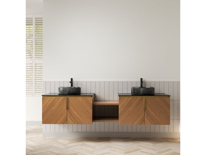  Meuble vasque suspendu double avec 4 portes à fermeture douce - lpospi - verre et pierre frittée noir, chêne brun  - Conforama B