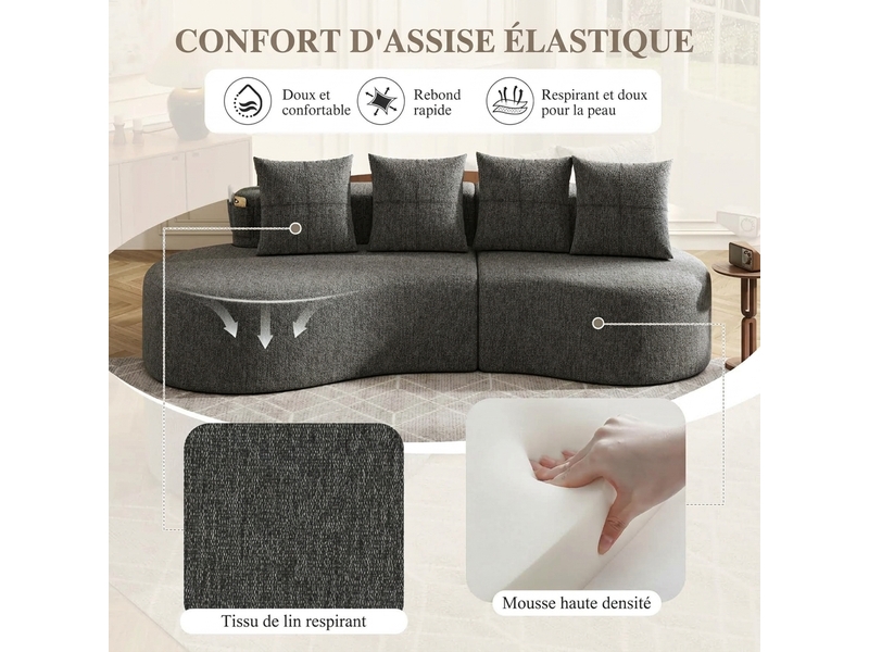  Canapé 3 places en lin gris foncé avec 4 coussins 240 cm porte-gobelet et poches latérales  - Conforama W