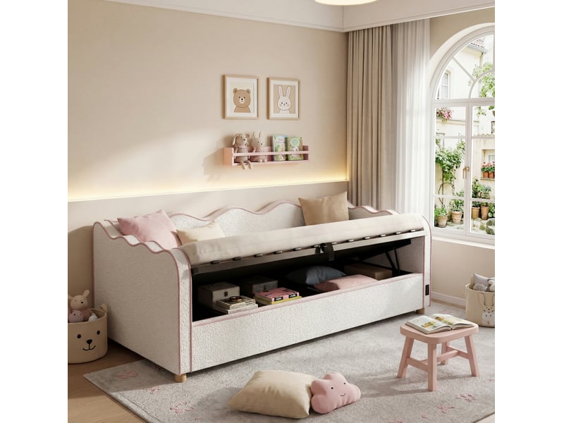 Lit enfant 90x200 cm rangement hydraulique, prise usb et type c en bouclé beige  - Conforama C