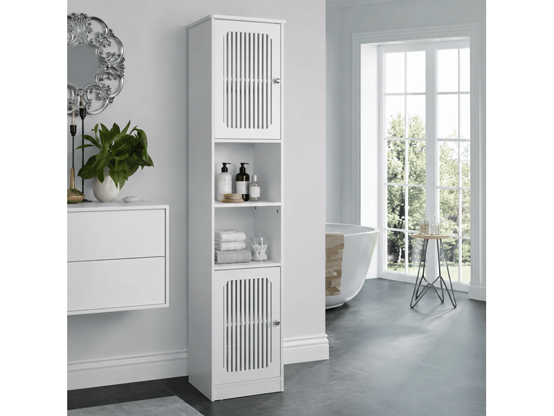  Armoire de salle de bains 36x30x163 cm à poser, tablettes réglables, mdf, blanc  - Conforama B