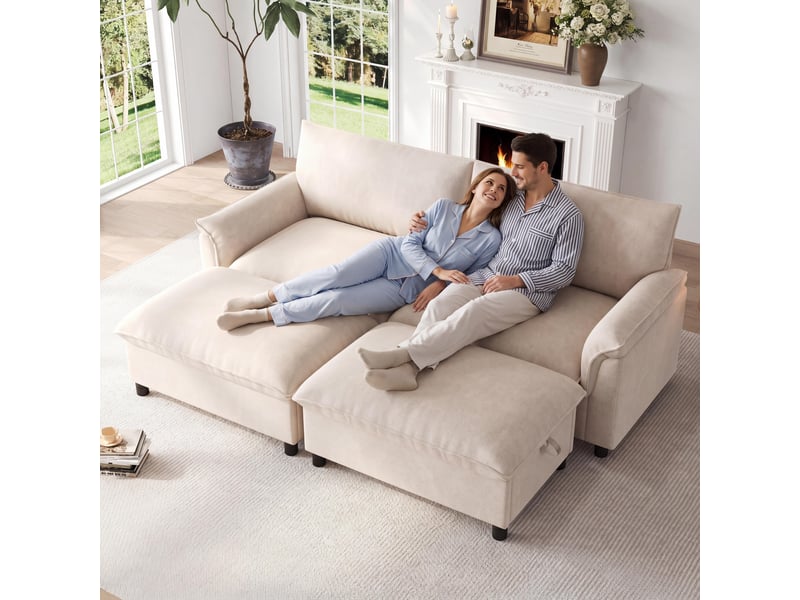 Canapé d'angle modulable, canapé en tissu chenille beige avec 2 poufs de rangement, assise profonde & lit d'appoint pour salon (216x77x82 cm) - Conforama B