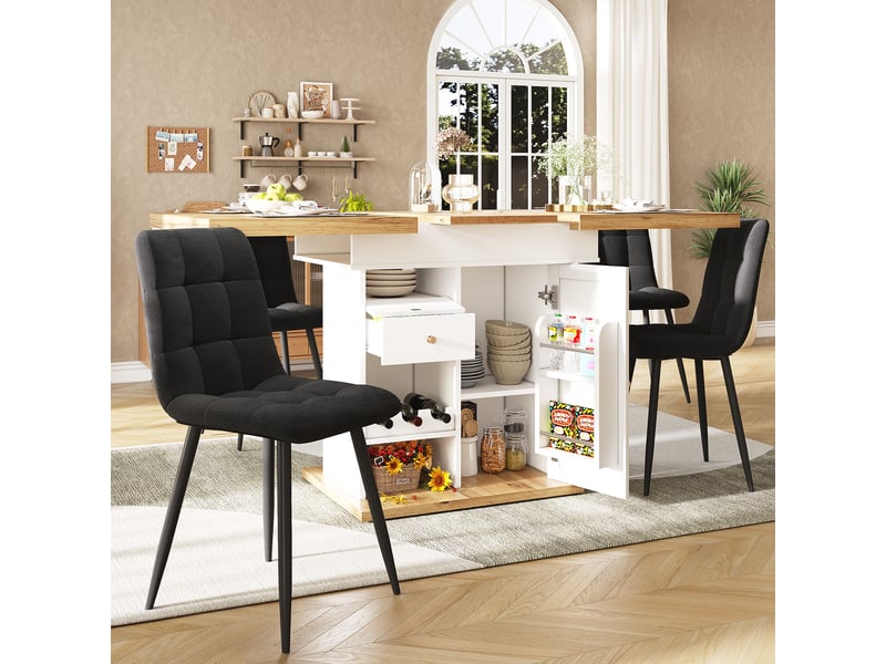  Table à manger extensible, table de cuisine avec rangements intégrés, plateau extensible, range-bouteilles, dimensions 110 à 140 x 80 cm, mdf, blanc  - Conforama D