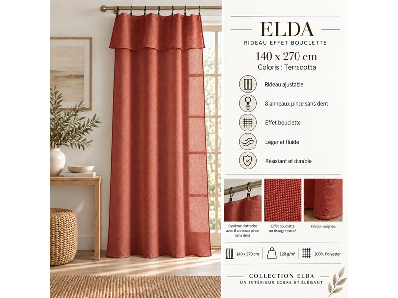 Rideau ajustable + 8 anneaux pince 140 x 270 cm polyester effet bouclette elda terracotta 15669 - Conforama C