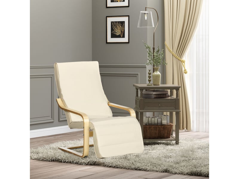  Fauteuil relax à piètement traîneau avec repose-pieds réglable 5 positions, tissu blanc crème, structure en bois  - Conforama B