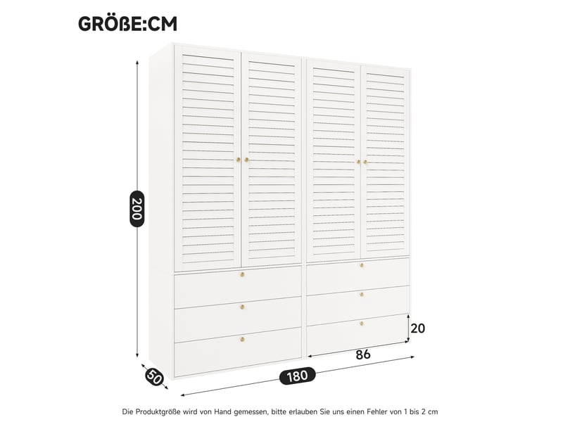  Armoire 4 portes 180x50x200 cm, portes à lamelles, 6 tiroirs, panneau de particules blanc, grand rangement de vêtements  - Conforama C