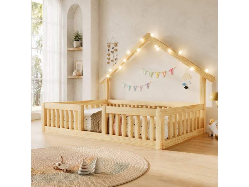  Lit cabane enfant 90 x 200 cm en bois avec barrière de sécurité et guirlande led, naturel  - Conforama D