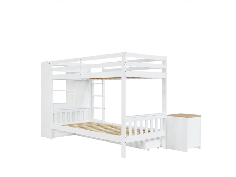 Lit superposé 90×200 cm avec tiroirs, étagères, échelle et chevet, bois blanc et naturel sans matelas - Conforama D