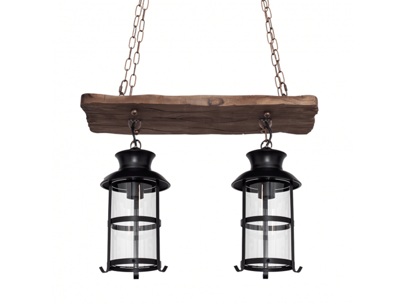  Suspension rustique ABRILA Cortijo 2 lumières E27 marron, bois métal et verre, hauteur réglable 106-132 cm, 51 x 21 cm 124492002 - Conforama C