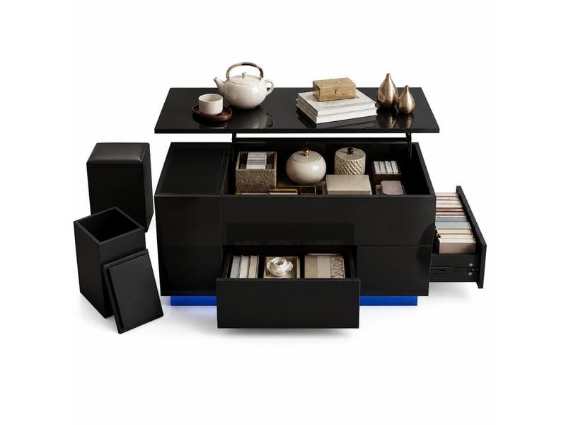  Table basse relevable avec 2 tiroirs, led et rangement pour salon 100×50×45 cm en panneaux de particules noir  - Conforama A