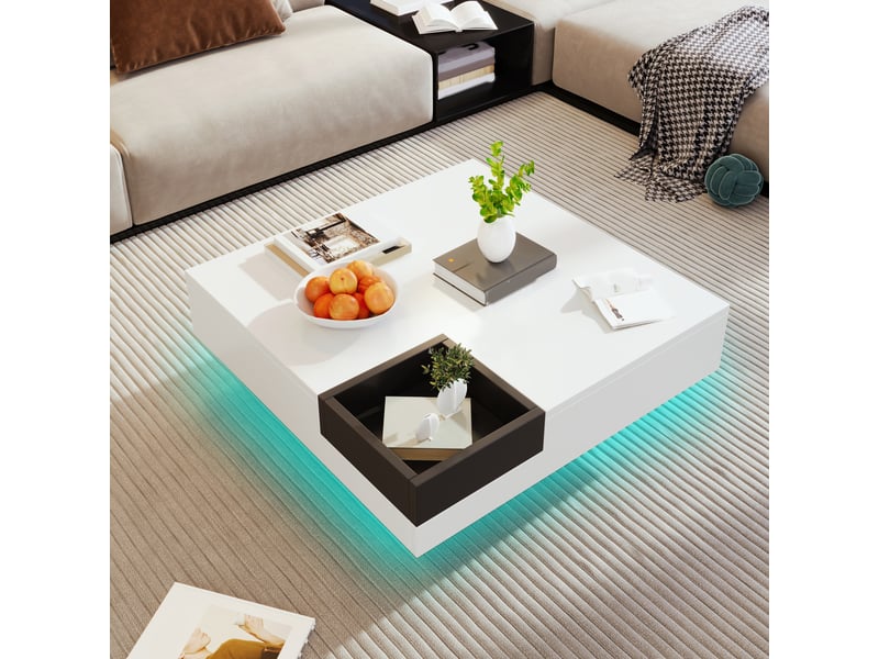 Table basse avec boîte amovible et led pour salon en panneaux de particules 72×72×30 cm blanc noir - Conforama C