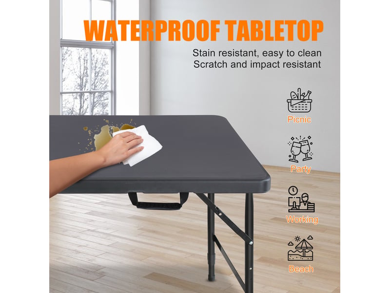 Table de jardin pliante 125 x 61 cm noire, plastique et acier, hauteur réglable 58 à 74 cm avec poignée - Conforama B