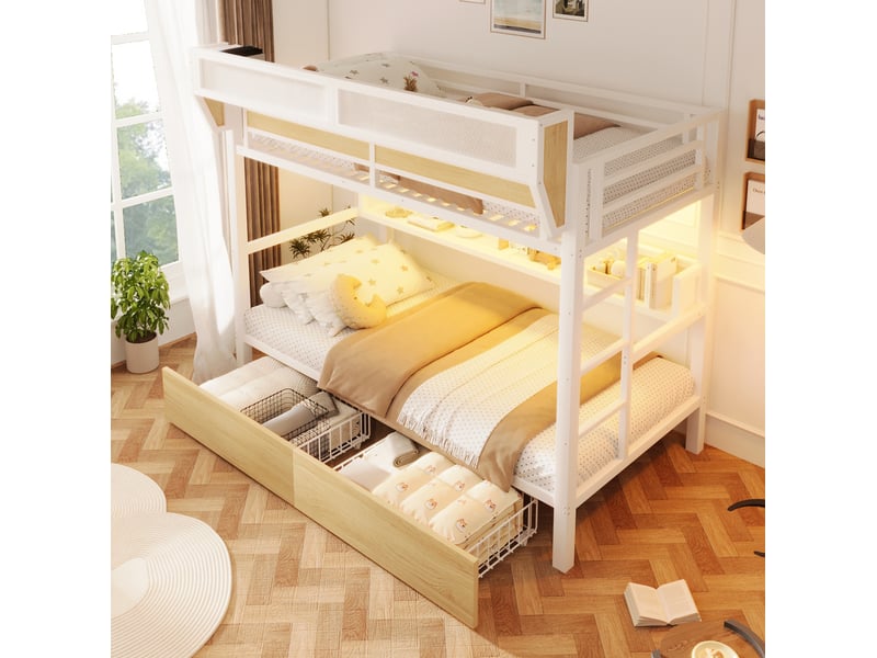  Lit superposé modenvie 90 x 200 cm avec rangement, led et structure métal mdf blanc  - Conforama D