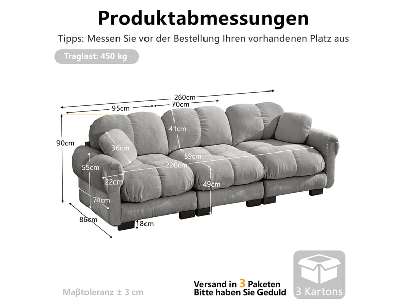  Canapé 3 places modenvie modulaire en chenille gris clair, 260 x 86 x 90 cm, avec 2 coussins décoratifs  - Conforama C