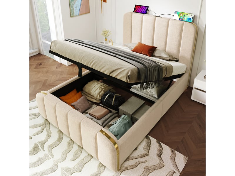  Lit simple 90x200 cm - lit avec led et tiroirs - lin - sans matelas - beige  - Conforama B