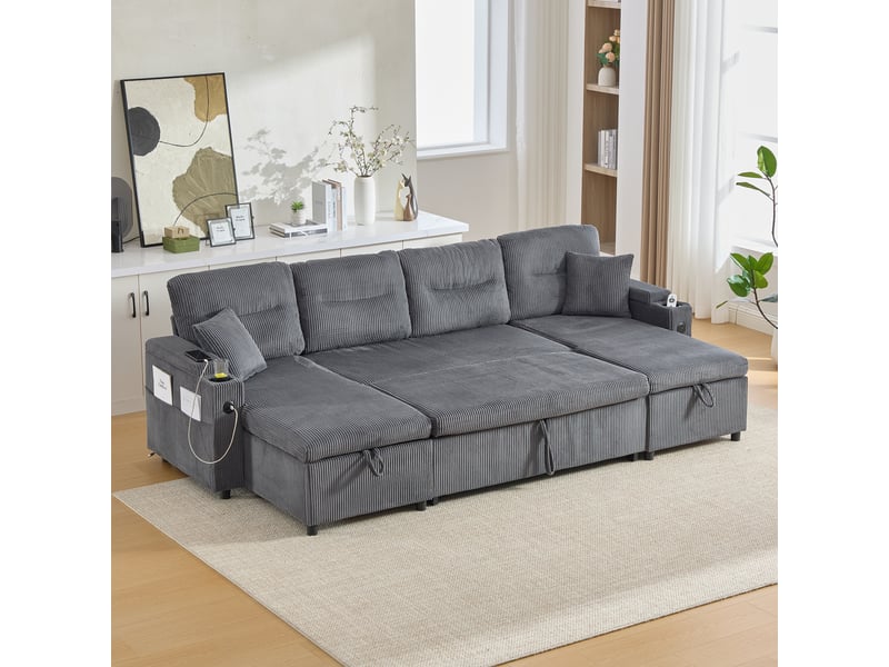 Canapé convertible 272x136x86 cm - extensible - 4 places - usb et usb-c - grand rangement - porte-gobelets - velours côtelé - gris anthracite CozyNest - Conforama C