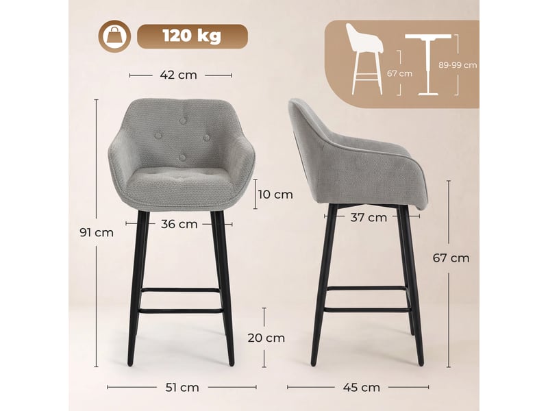  Lot de 2 tabourets de bar, chaises de bar rembourrées en chenille, assise large 67h cm, dossier et repose-pieds, gris  - Conforama E