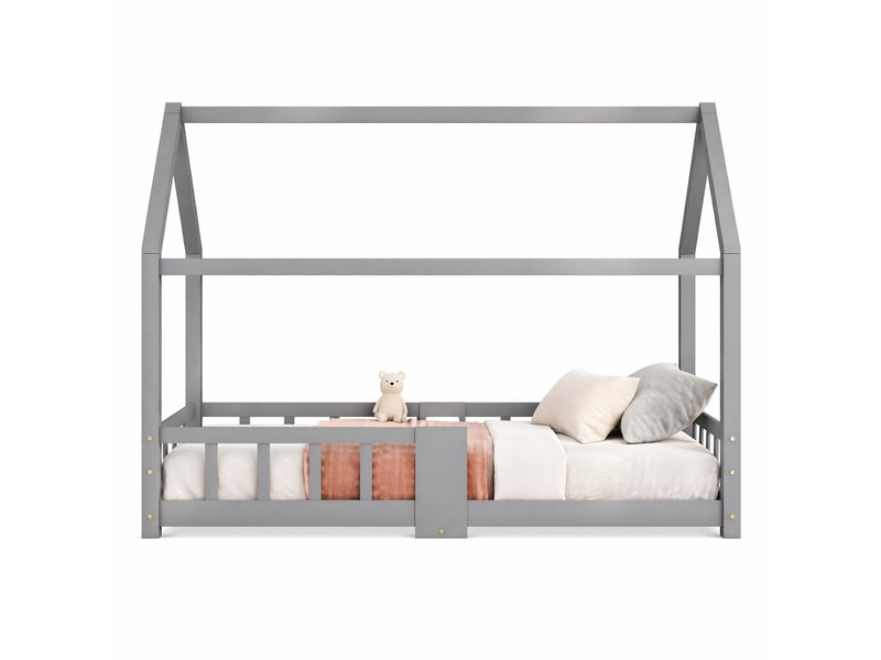 Lit cabane enfant 90x200 cm gris avec tableau et barrière de protection - Conforama A