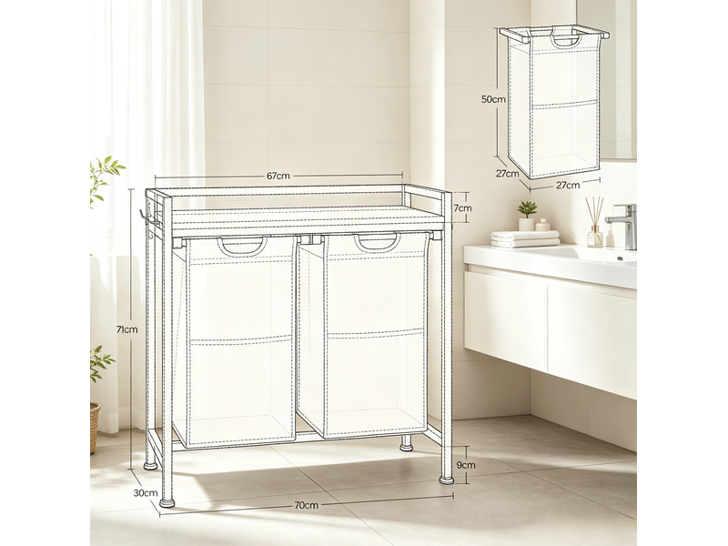 Trieur de linge 70x71x30 cm 2 compartiments bois métal blanc chêne clair  - Conforama C