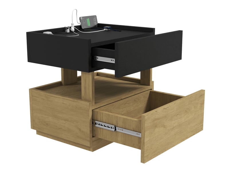 Table de chevet avec charge sans fil, led, usb et 2 tiroirs 50x40x50 cm noir naturel  - Conforama A
