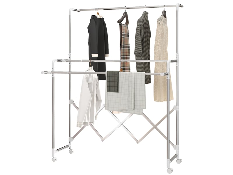 Étendoir à linge pliable avec 3 barres réglables, roulettes pivotantes et structure en acier inoxydable, argent - Conforama B