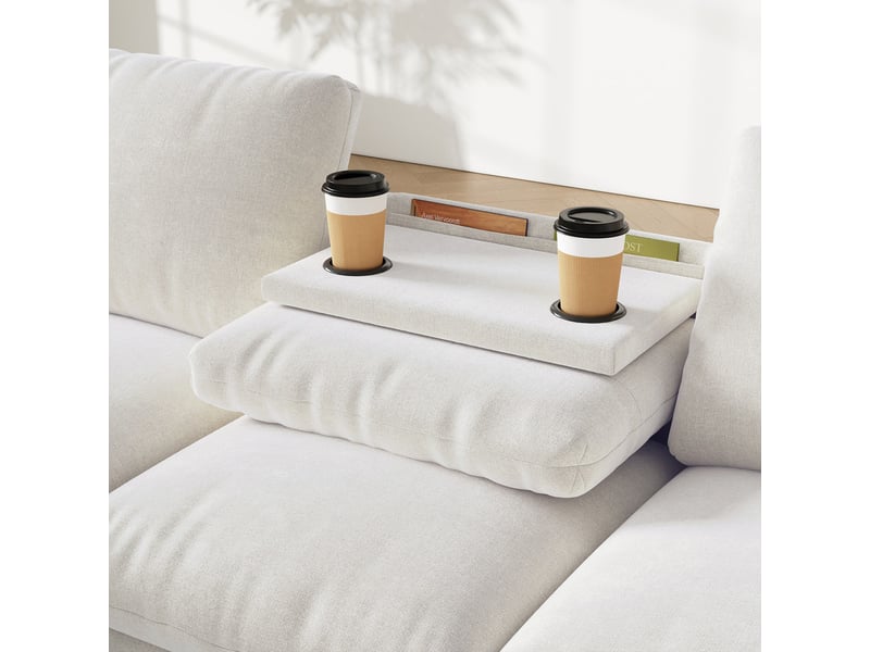  Canapé d'angle modulaire,3 places, accoudoirs avec rangements,en tissu chenille,280x137x84 cm,beige  - Conforama E