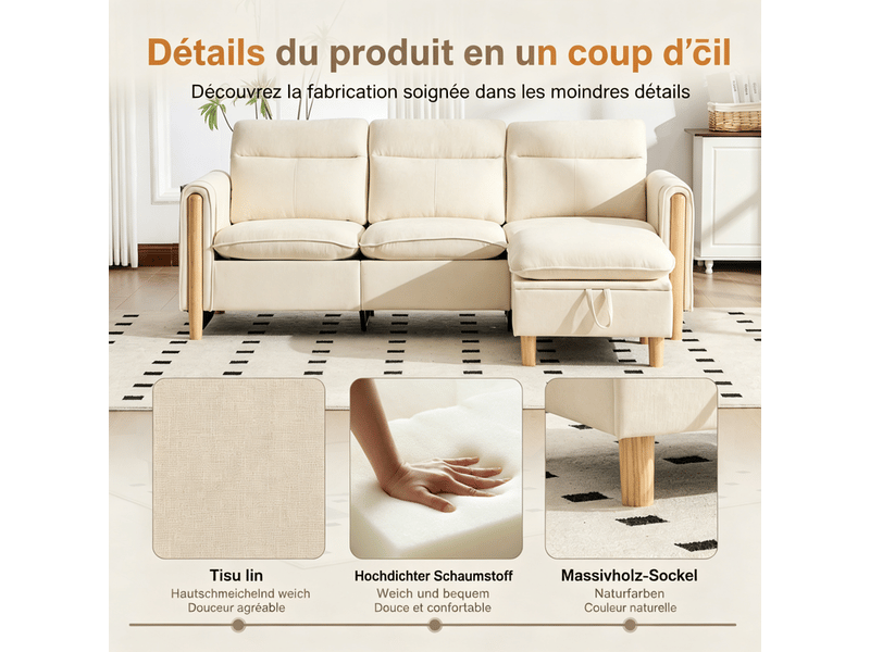 Canapé d'angle 3 places, avec pouf de rangement, 201x77x86cm, beige - Conforama E