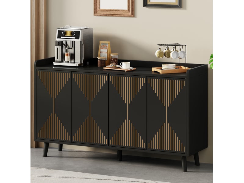 Buffet et enfilade avec 4 portes, étagères réglables et niche ouverte, pour cuisine et salon, noir, 140 × 40 × 84 cm  - Conforama C