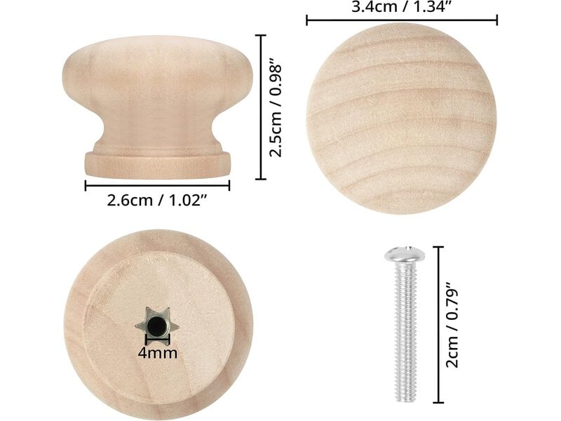  Ensemble de 40 boutons en bois de bouleau naturel 3,4 x 2,5 cm, poignées pour armoires, tiroirs et meubles avec vis.  - Conforama C