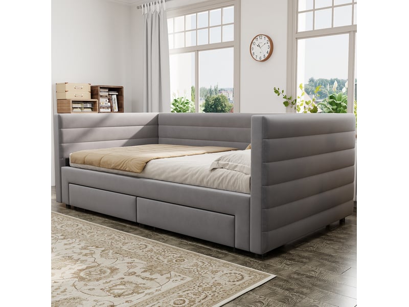  Lit banquette 90x190 cm – gris – extensible en couchage double, 2 tiroirs et sommier à lattes - sans matelas  - Conforama B