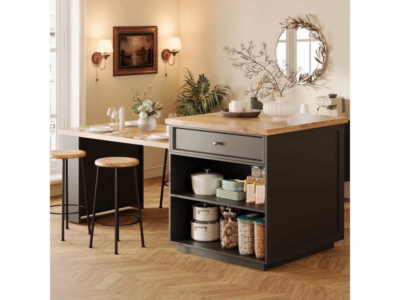 Îlot de cuisine extensible 120-184 cm, desserte à roulettes noire avec plateau aspect bois et tiroirs de rangement, mdf et métal. - Conforama B