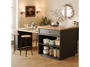 Îlot de cuisine extensible 120-184 cm, desserte à roulettes noire avec plateau aspect bois et tiroirs de rangement, mdf et métal.