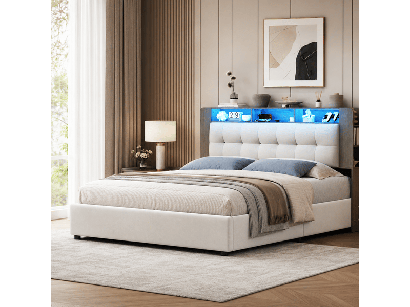  Lit coffre 160x200 cm, avec éclairage led et chargement sans fil, avec espace de rangement et sommier à lattes, lit double rembourré, en velours beige  - Conforama E