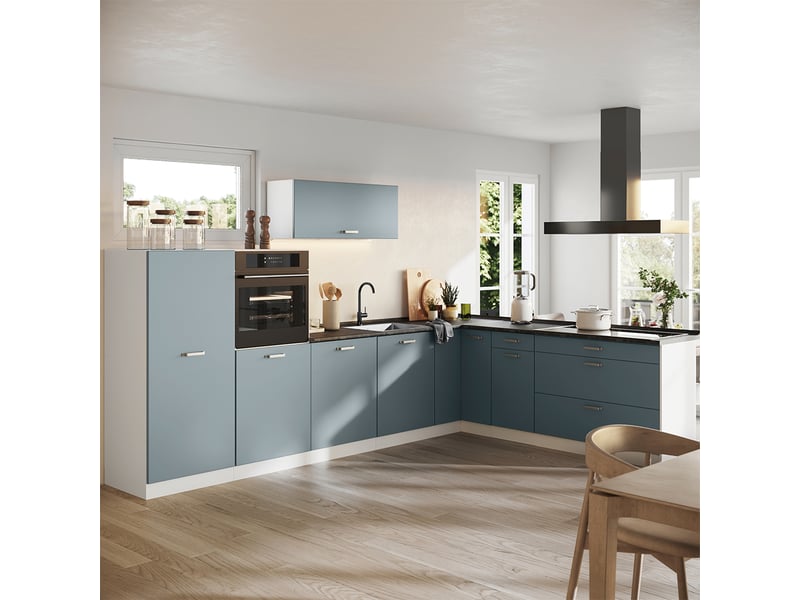 Vicco cuisine en angle, bleu-grisblanc, 327 x cm sans plan de travail - Conforama C