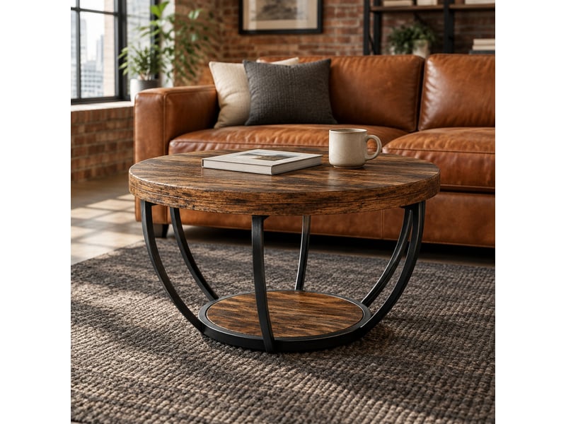  Table basse ronde à 2 niveaux avec étagère pour salon en bois et métal finition rustique  - Conforama B