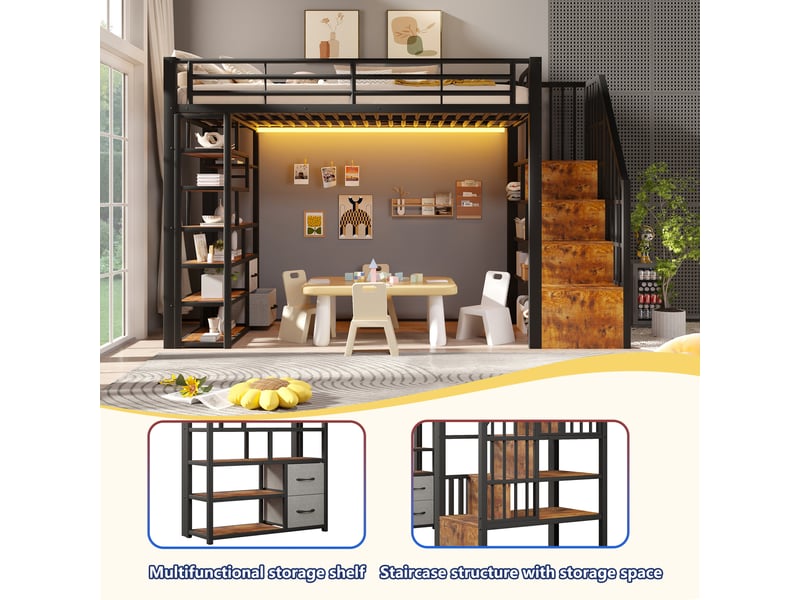 Lit mezzanine, 90 × 200 cm, noir, mdf et métal, tiroirs, rangements, garde-corps, échelle, espace ouvert dessous, led via app - Conforama D