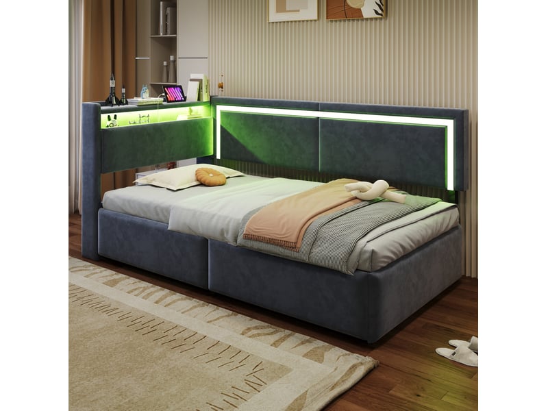  Lit coffre enfant, 90 x 200 cm, avec led intégrée et connectiques usb, foncé, matelas non inclus, velours, coloris gris  - Conforama D