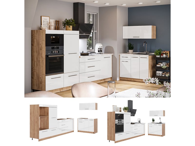 Vicco cuisine, blanc haute brillancechêne de force doré, 380cm, pt chêne - Conforama D