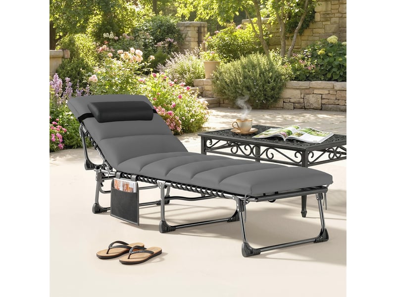  Chaise longue jardin extérieur, bain de soleil pliable, dossier inclinable sur 5 positions, 200 x 57 x 38 cm, gris foncé  - Conforama B