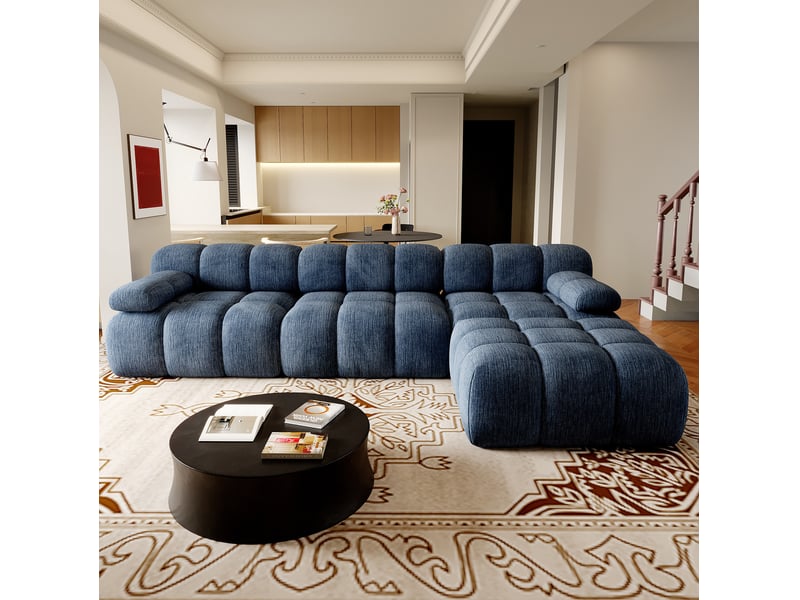  Canapé d'angle compressé 300x200x68 cm 4 places, pour salon, design moderne, contemporain, mousse douce et tissu, bleu  - Conforama B