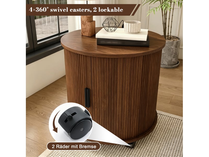  Table de chevet cylindrique 60 x 60 x 60 cm avec prise et 2 ports usb, porte coulissante, roulettes, aspect noyer  - Conforama E