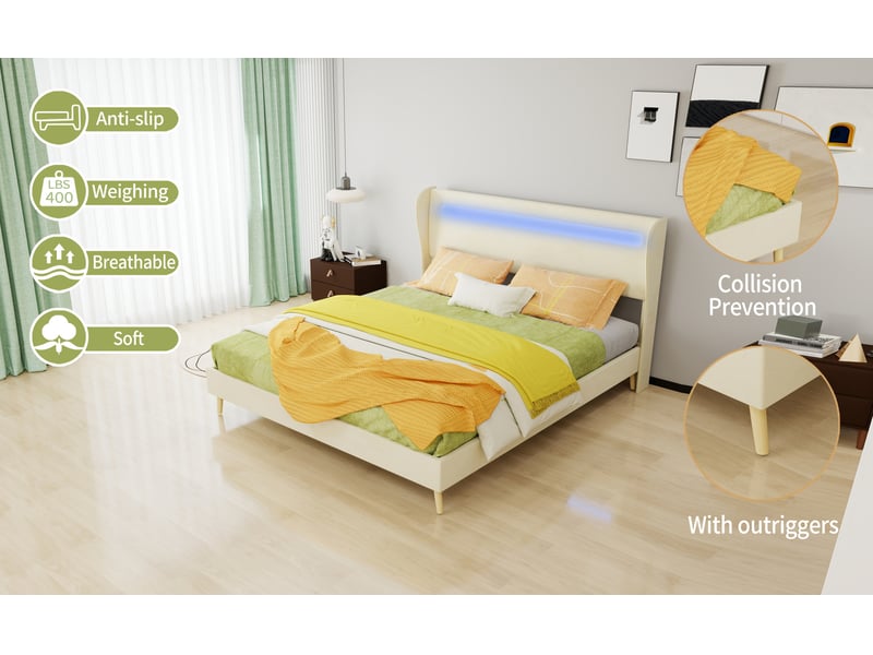 Lit adulte 160x200 cm en tissu beige avec tête de lit led réglable - Conforama R