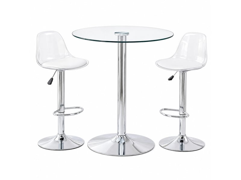  Ensemble table et chaises de bar avec 1 table, 2 tabourets  - réglables et pivotants - verre, métal et plastique - argenté transparent  - Conforama A