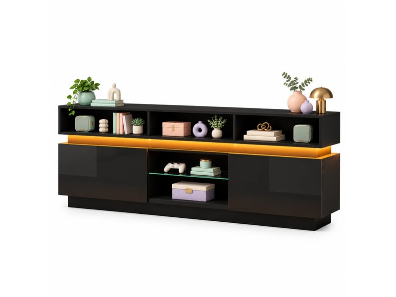  Meuble tv bas modenvie avec led 160 x 35 x 60 cm mdf et verre noir  - Conforama A