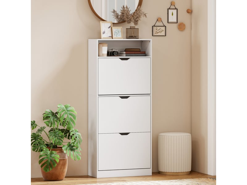  Meuble à chaussures étroit avec 3 tiroirs abattants, étagères réglables et compartiment ouvert, capacité de 12 à 18 paires, blanc  - Conforama C