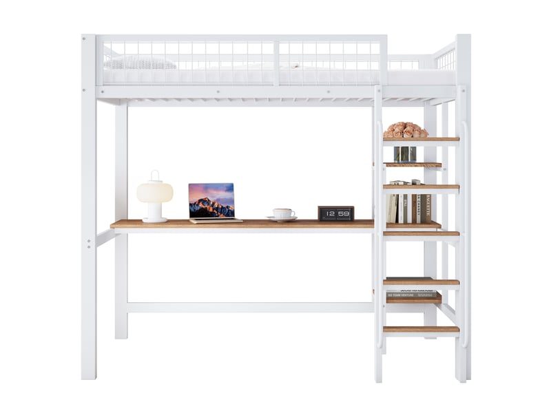 Lit mezzanine enfant 90x200 cm blancnaturel avec bureau, étagères, échelle 5 marches, barrières et en 747 Fay Lum - Conforama A