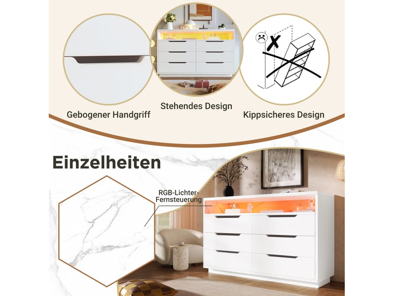  Buffet avec led et 6 tiroirs – blanc, 120 x 40 x 85 cm  - Conforama E