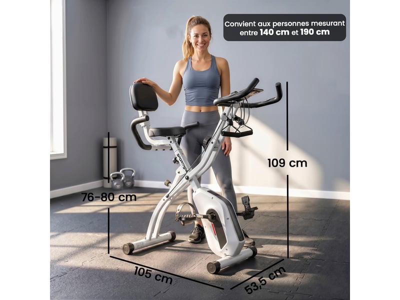  Vélo d'appartement pliable vélo de fitness 3 en 1 silencieux connecté kinomap bluetooth et zwift 105x53,5x109cm blanc  - Conforama E