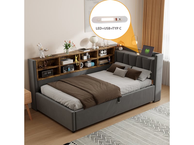  Lit coffre enfant 90x200 cm, led, usb type-c, étagères, rangement, sommier, velours gris foncé, sans matelas  - Conforama W